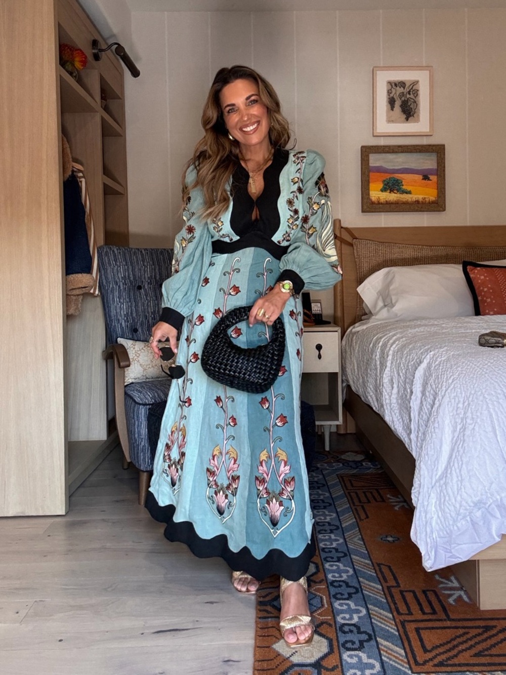 FARM Rio Blue Swan Embroidered Midi Dress with Black Trim - Picture 2 of 5